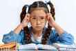 안경 쓴 초등학생 소녀가 걱정스러운 표정으로 실망하며 책상에 앉아 있습니다.