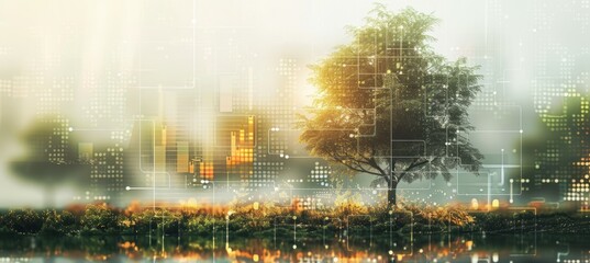A tree with bokeh forest nature background and technology elements. Generative AI technology.