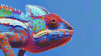 Wall Mural - colorful chameleon on vivid blue background vibrant wildlife digital illustration