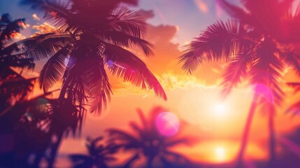 Wall Mural - Dramatic sky with sun setting behind palm trees, evoking a peaceful tropical evening.