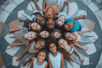 Top view of group of smiling african american girls lying on floor and looking at camera