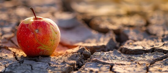 Wall Mural - A beautiful ripe red apple is resting on the earthy ground, showcasing its vibrant color