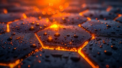 Sticker - Macro shot of hexagonal tech pattern with fiery glow and water drops, concept of energy innovation and technology fusion