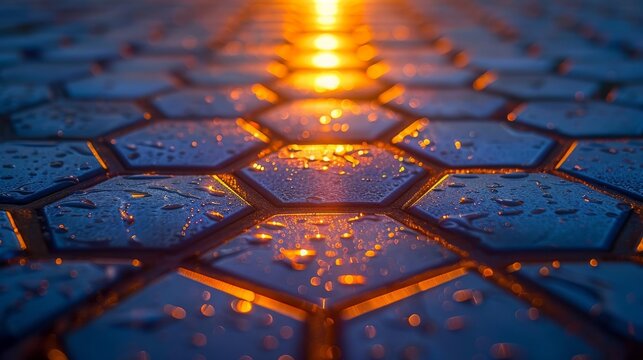 Vivid macro view of hexagonal tech surface with reflective water droplets, concept of technological innovation and nature harmony