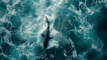 Wall Mural - Ocean Majesty: Aerial Photography of a Shark Freely Swimming in Clear Waters