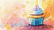A vibrant illustration of a birthday cupcake with a single lit candle