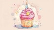 A whimsical birthday cupcake with a lit candle