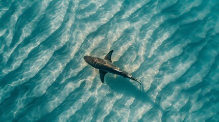 Wall Mural - Ocean Majesty: Aerial Photography of a Shark Freely Swimming in Clear Waters