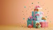 A cascade of colorful presents surrounded by festive confetti