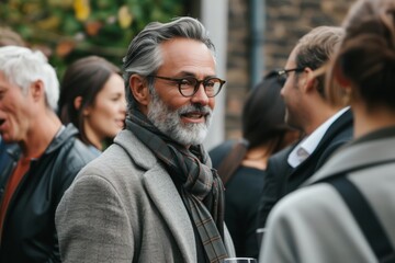 Mature man with grey hair and glasses looking at the camera while walking in the city