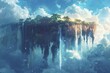 © tonstock - Imaginary realm featuring a cascading waterfall and hovering boulders, cinematic artwork