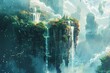 © tonstock - Imaginary realm featuring a cascading waterfall and hovering boulders, cinematic artwork