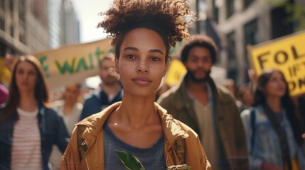 An advertit featuring a group of activists marching with banners reading Sustainable fashion for a better future emphasizing the social responsibility of fashion brands..