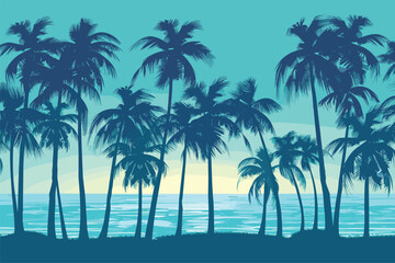 Palm trees on the beach, Tropical summer background, Tropical palm tree silhouettes on blue background, Vector illustration