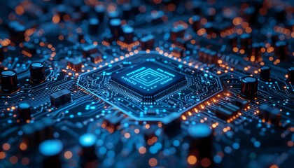 Digital background featuring a circuit board and security icons in blue tones with a depth of field effect A hightech technology concept.