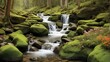 waterfall in the forest, A cascade of water tumbles down a series of moss-covered rocks, its gentle flow creating a soothing melody. Vibrant wildflowers bloom along the water's edge, adding a splash o