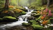 A cascade of water tumbles down a series of moss-covered rocks, its gentle flow creating a soothing melody. Vibrant wildflowers bloom along the water's edge, adding a splash of color to the tranquil 