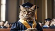 A sophisticated cat in a graduation ceremony, receiving its diploma from a distinguished professor.