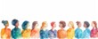 © Samon - group diverse people standing together in row, wearing colorful clothes. The image is drawn in watercolor style.