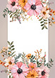 a floral frame with pink and yellow flowers and leaves on a white background