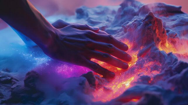 close up of two hands reaching out to touch vibrant neon sand