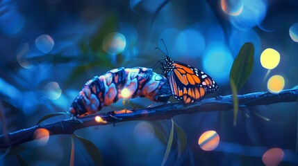 metamorphic magnificence butterfly emerging from glowing chrysalis on branch