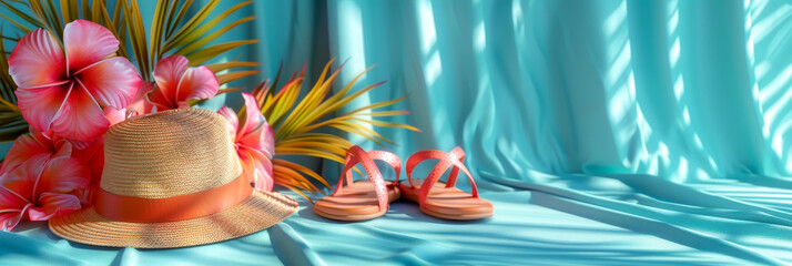 a beach scene with a straw hat and sandals on a blue background
