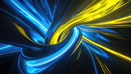Wall Mural - luminous blue and yellow neon curves, isolated on black, intricate light effects, cinema 4d octane r