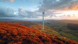 A wind turbine against a backdrop of rolling hills and blue skies, harnessing wind energy in rural landscapes.