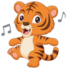 Wall Mural - Cute Tiger Dancing Cartoon Vector Illustration. Animal Nature Icon Concept Isolated Premium Vector	