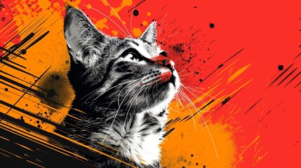 A vibrant artwork featuring bold hues and sharp contours accentuating a mischievous kitten in a video game-themed environment