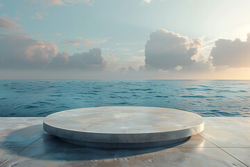 Wall Mural - Circular platform overlooking calm ocean waters at sunrise with soft clouds and a serene atmosphere