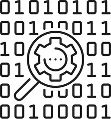 Aufkleber - Machine learning, AI artificial intelligence data mining algorithm icon. Artificial intelligence science, AI data analysis digital innovation line vector symbol with binary code and magnifying glass