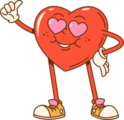 Poster - Cartoon groovy valentine love heart character with loving eyes. Valentines Day vector personage of red heart showing thumb up. Retro groovy hippy emoticon of romantic love and cool emotion expression