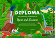 Dinosaurs in tropical jungle, kids diploma with funny dino animals vector background frame. Cartoon certificate with brachiosaurus, mammoth, triceratops, velociraptor and pterodactyl characters