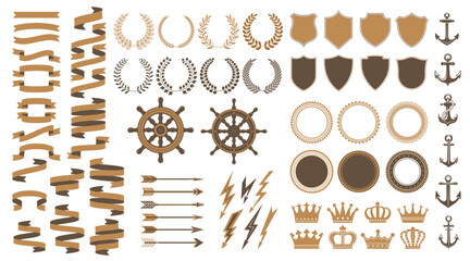 Sticker - Vintage Medieval heraldic elements and royal marine heraldry, vector laurels and crowns. Heraldic icons of ship helm with anchor and shield with arrow, lightning and ribbon for heraldry badge seals