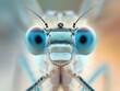 Macro shot displaying the intricate details of a dragonfly's head with vibrant blue eyes.