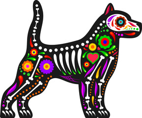 Wall Mural - Mexican day of the dead dog animal sugar skull tattoo. Isolated vector Dia de los muertos, puppy shape with vibrant floral motifs and bones symbolizing remembrance and celebration of deceased pets