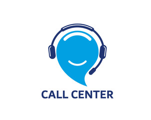 Poster - Call center icon, customer support service symbol, featuring blue smiling speech bubble in headset symbolizing effective hotline communication, professional assistant help and interaction with clients