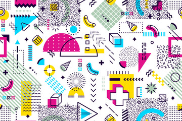 Canvas Print - 80s 90s hipster Memphis pattern with abstract geometric colorful shapes and modern elements. Vector seamless background with surreal figures, linear details, dots, triangles and waves, trendy ornament