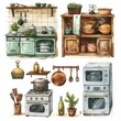Kitchen objects, watercolor illustration assets, children book