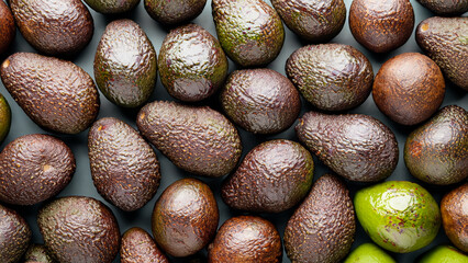 Wall Mural - Top view full frame of whole ripe brown avocados placed together as background . Generative Ai