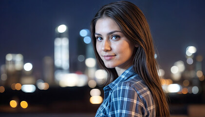 Wall Mural - Smiling Asian Woman in City Night with Neon Lights