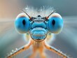 Macro shot of a dragonfly's face showcasing detailed textures and vibrant blue eyes.