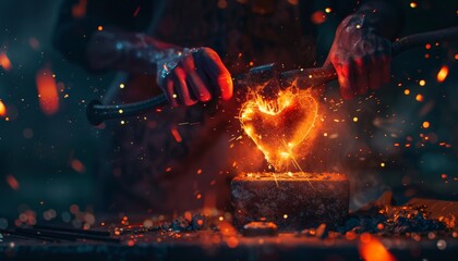 A detailed photo of a blacksmith hammering a heartshaped piece of metal on an anvil, sparks flying as flames lick the metal  