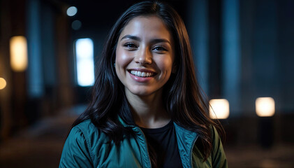 Wall Mural - Smiling Asian Woman in City Night with Neon Lights