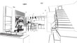 Line drawing of the dining room and kitchen area in the house,3d rendering