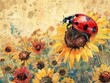 Hand drawn watercolor depicting a colorful ladybug in a sunflower field, bright pastels blended with sepia, serene pop art theme