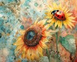 Summer theme in watercolor, featuring a ladybug on sunflowers, pop art influence, bright pastels and sepia tones