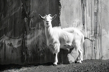 Wall Mural - A goat stands in front of a wall with graffiti on it